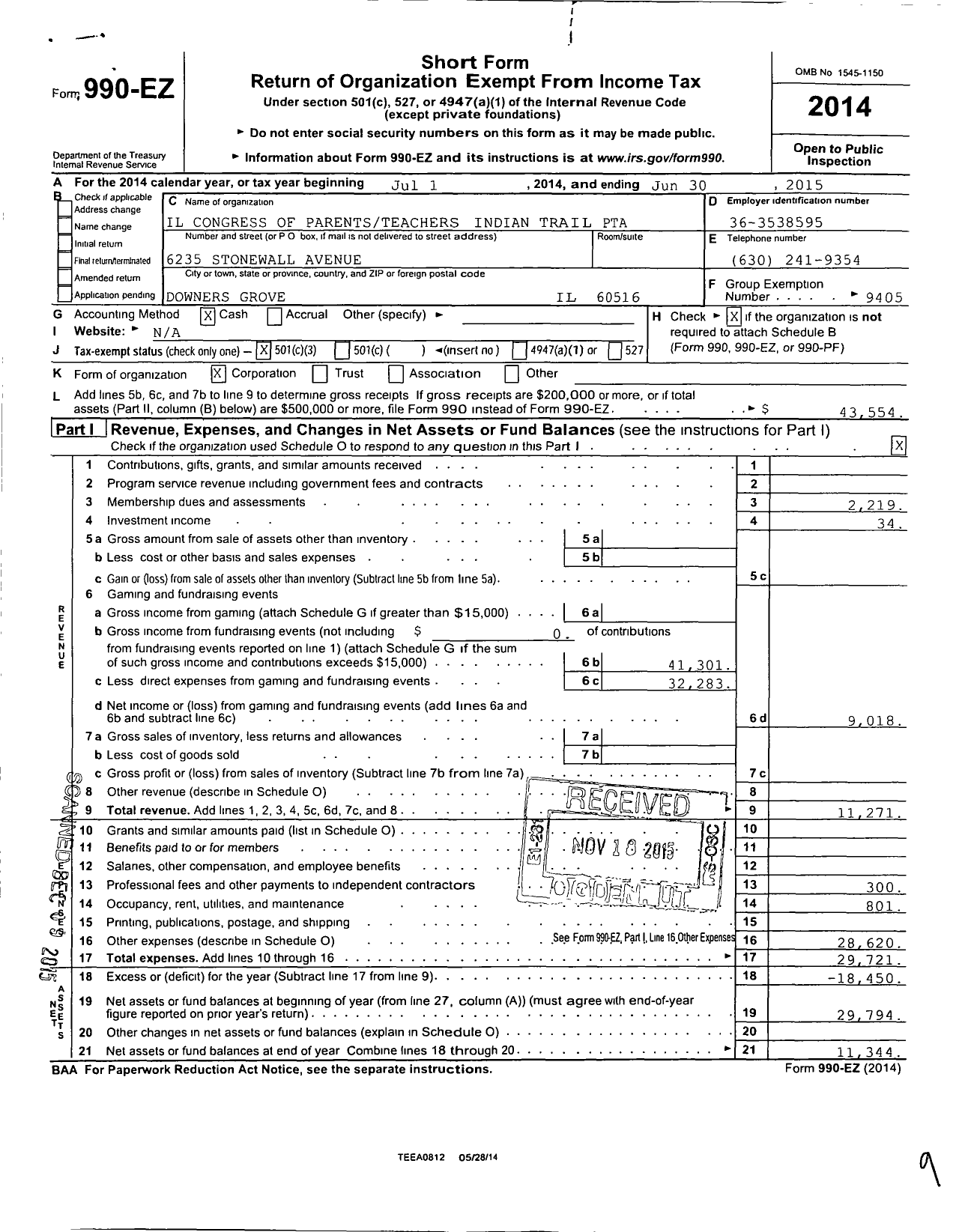 Image of first page of 2014 Form 990EZ for Illinois PTA - Indian Trail PTA