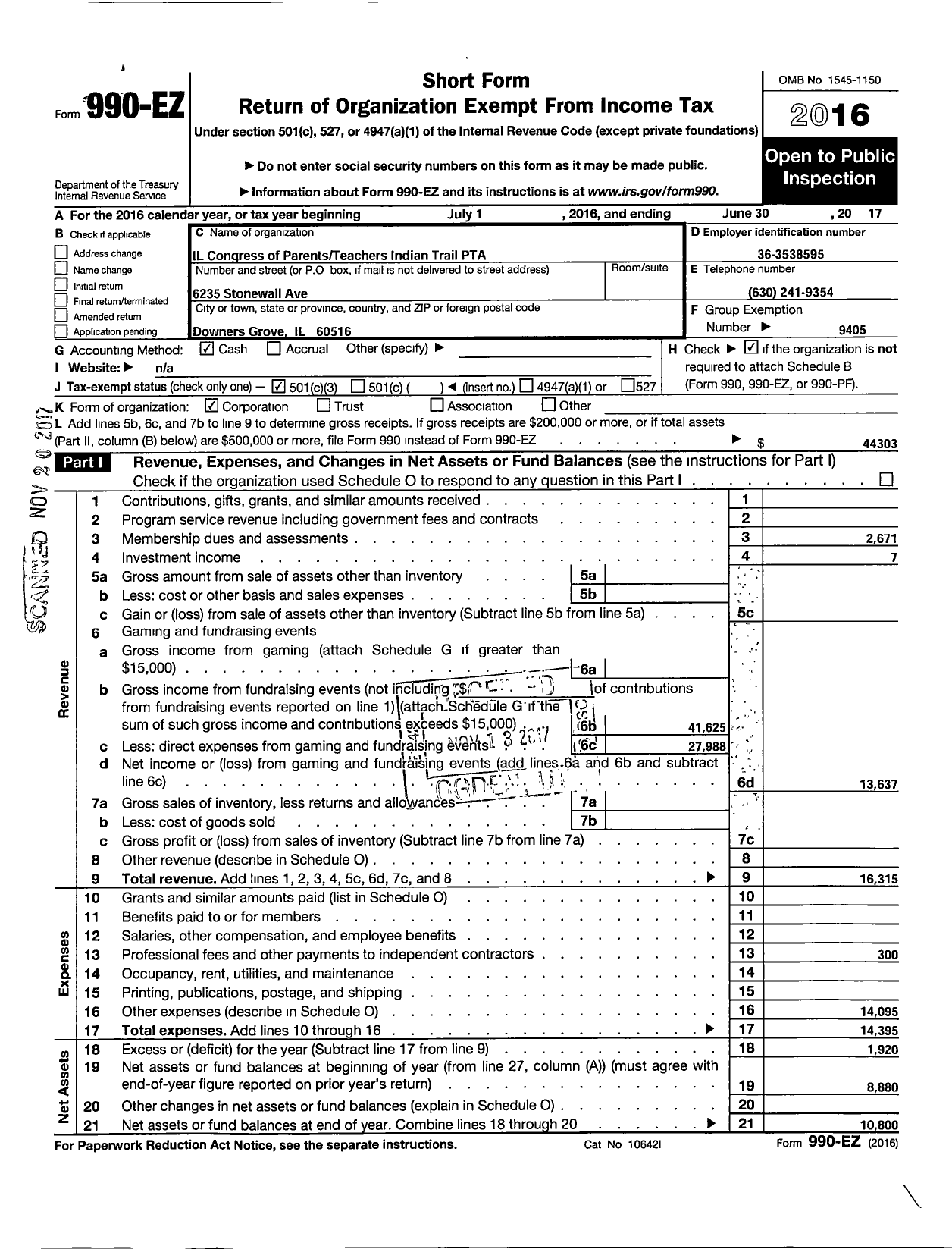 Image of first page of 2016 Form 990EZ for Illinois PTA - Indian Trail PTA