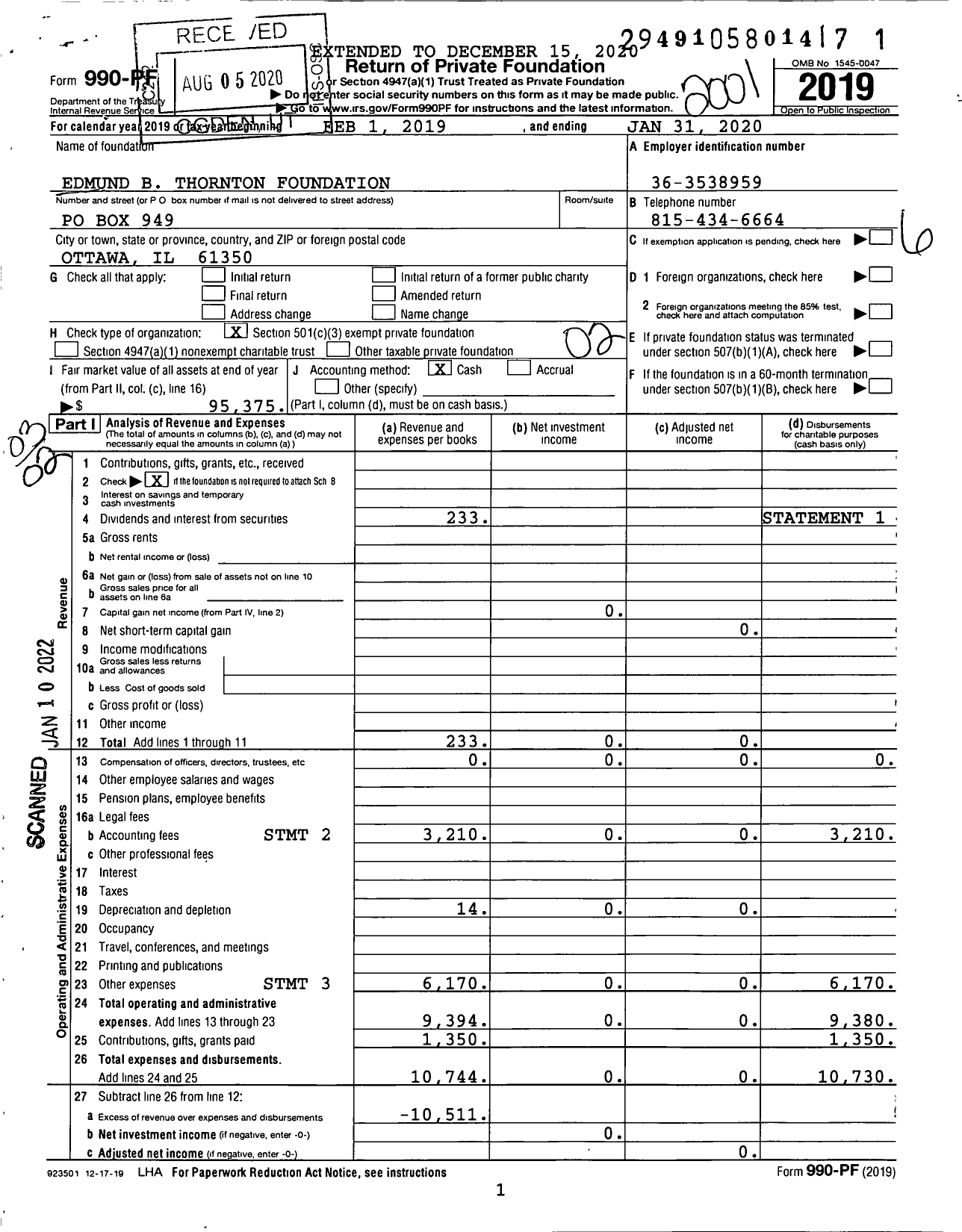 Image of first page of 2019 Form 990PF for Edmund B Thornton Foundation