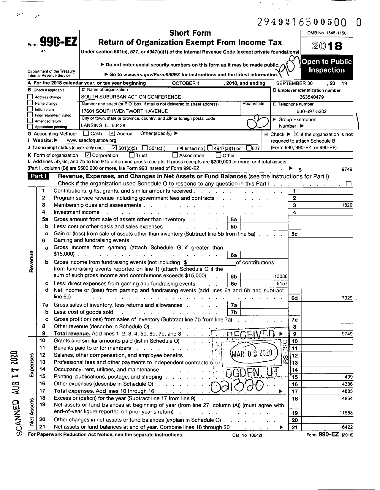 Image of first page of 2018 Form 990EZ for South Suburban Action Conference