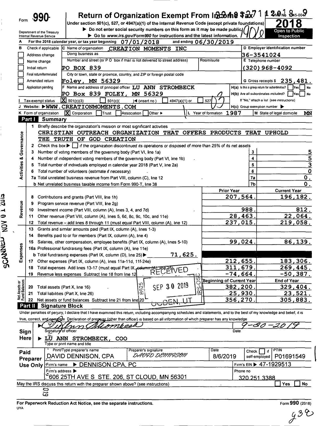 Image of first page of 2018 Form 990 for Creation Moments