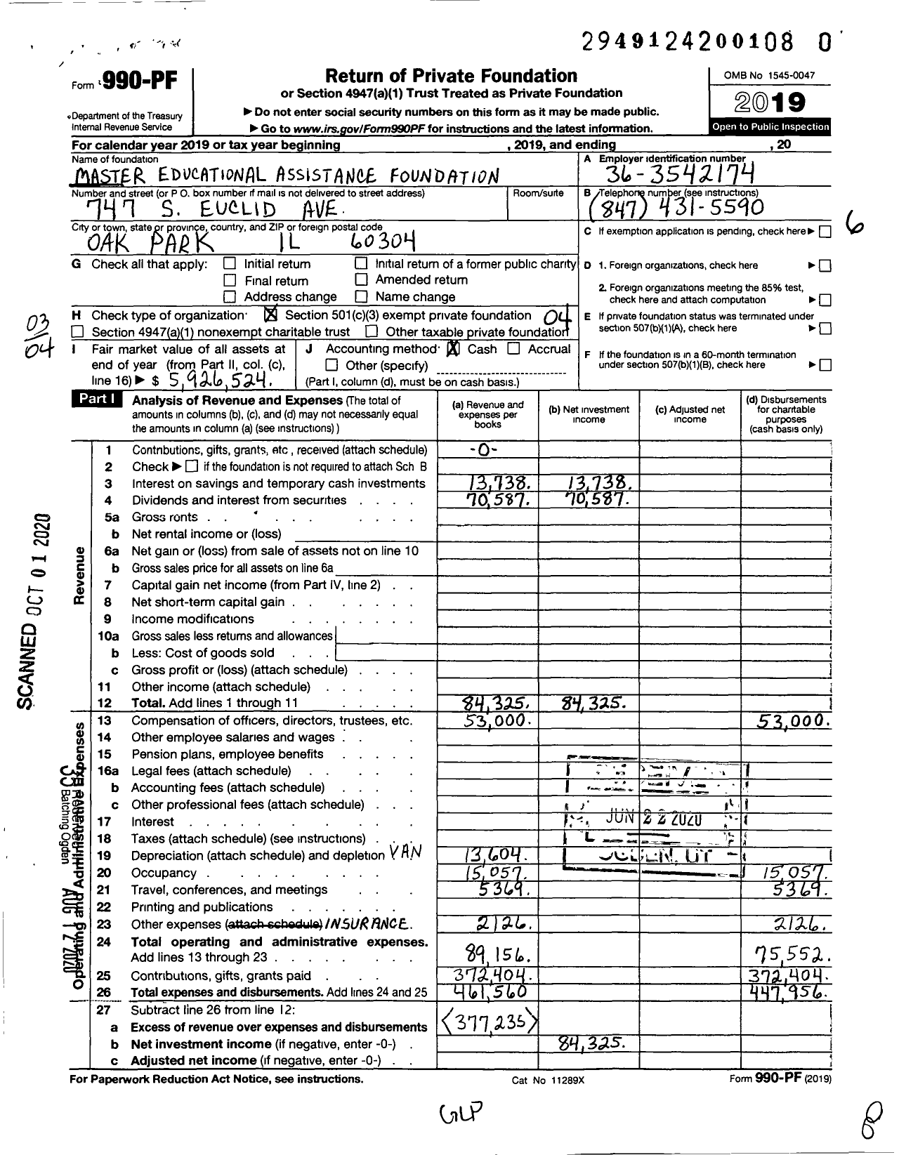 Image of first page of 2019 Form 990PR for Master Educational Assistance Foundation