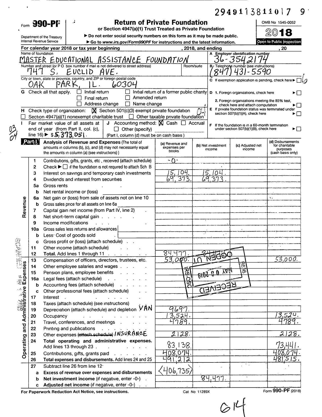Image of first page of 2018 Form 990PF for Master Educational Assistance Foundation