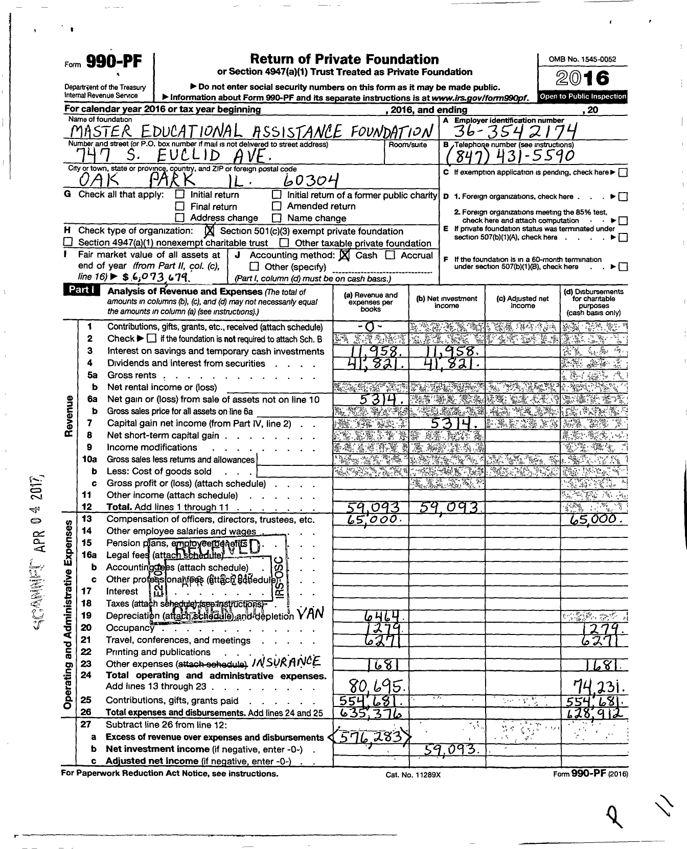 Image of first page of 2016 Form 990PF for Master Educational Assistance Foundation