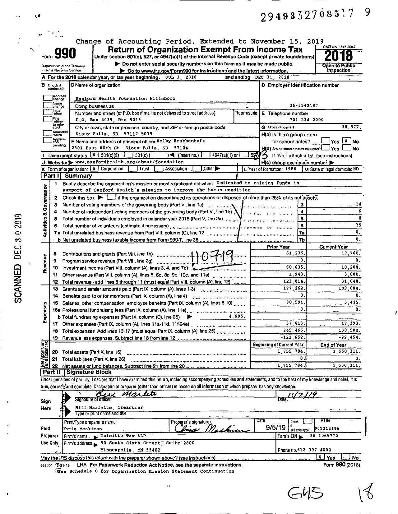 Image of first page of 2018 Form 990 for Sanford Health Foundation Hillsboro