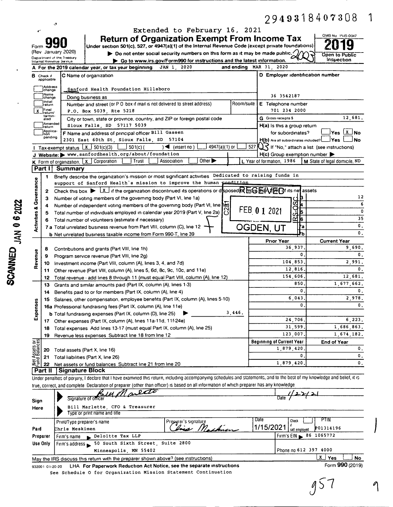 Image of first page of 2019 Form 990 for Sanford Health Foundation Hillsboro