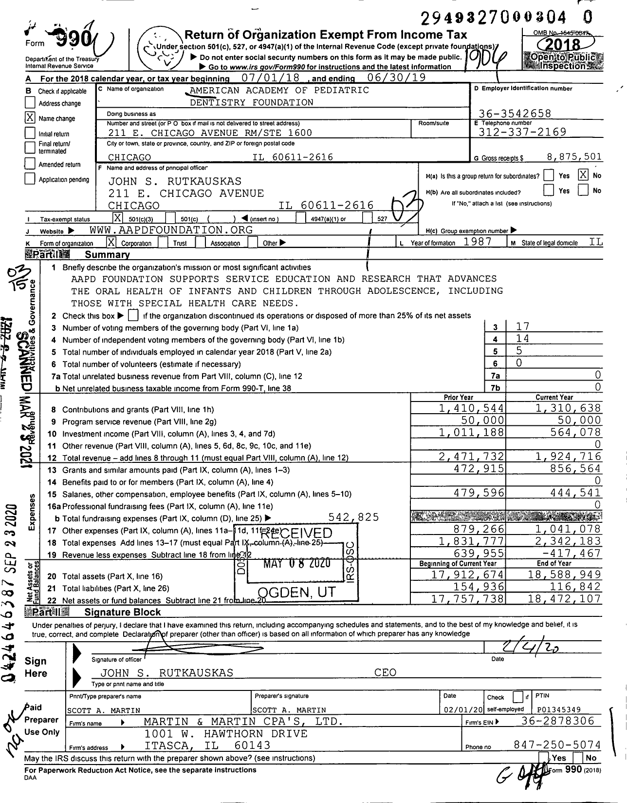 Image of first page of 2018 Form 990 for American Academy of Pediatric Dentistry Foundation