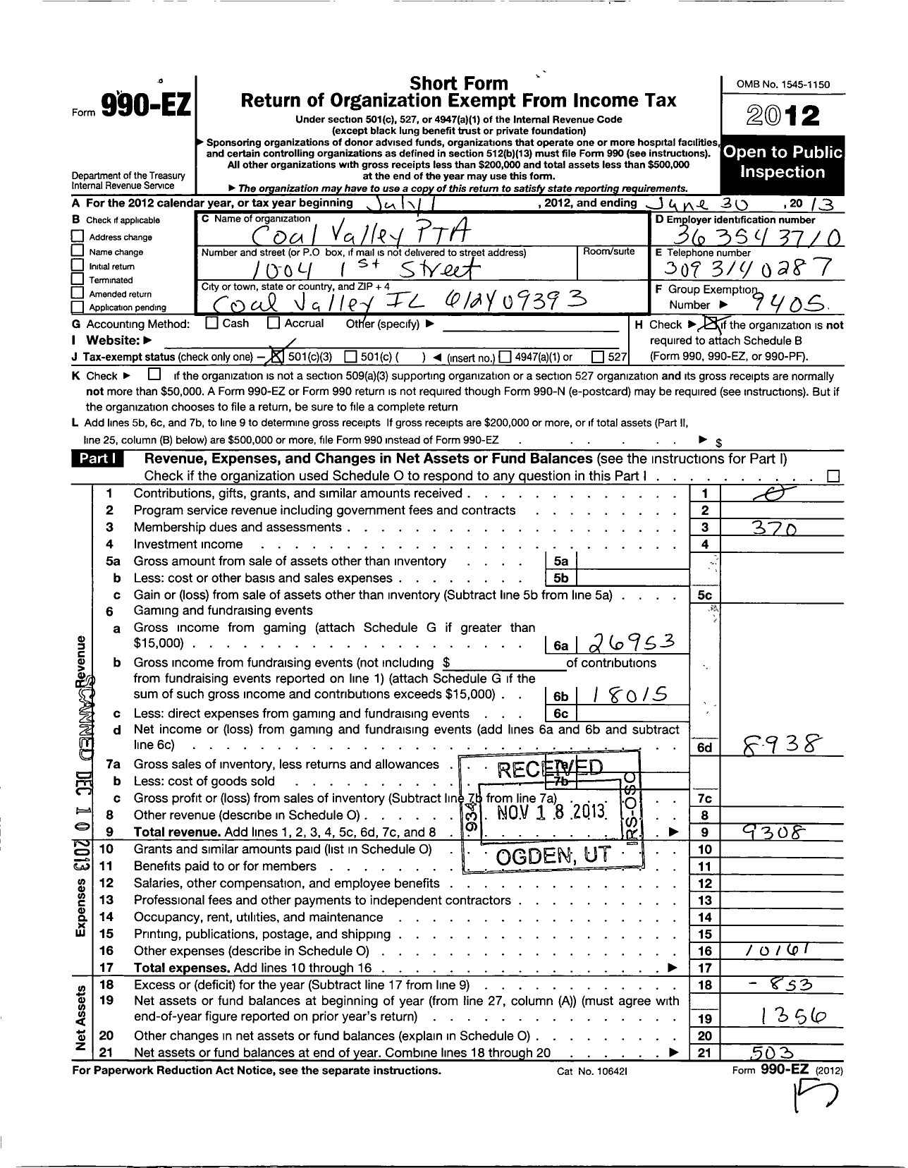 Image of first page of 2012 Form 990EZ for Illinois PTA - Coal Valley PTA