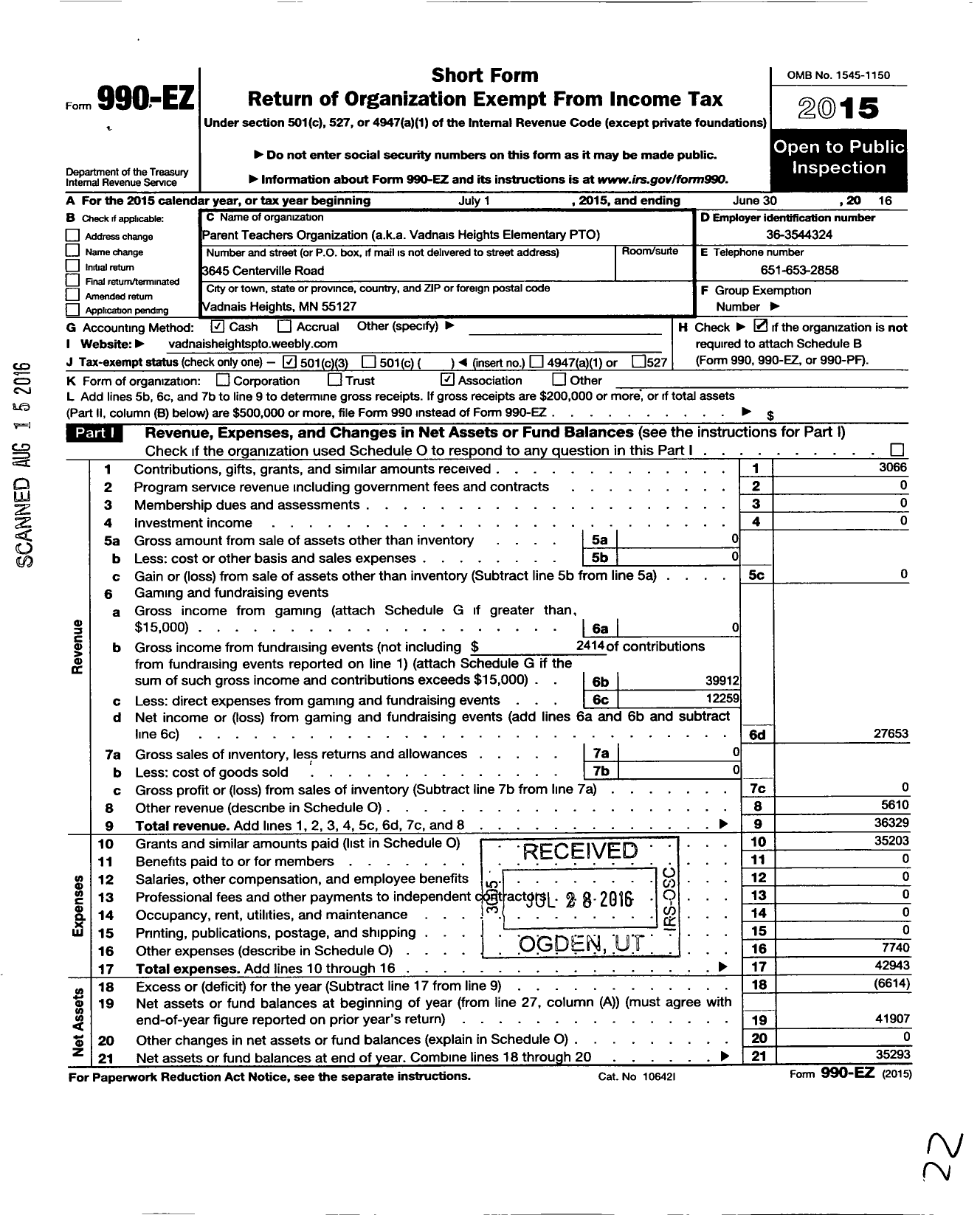 Image of first page of 2015 Form 990EZ for Vadnais Heights Elementary - Pto