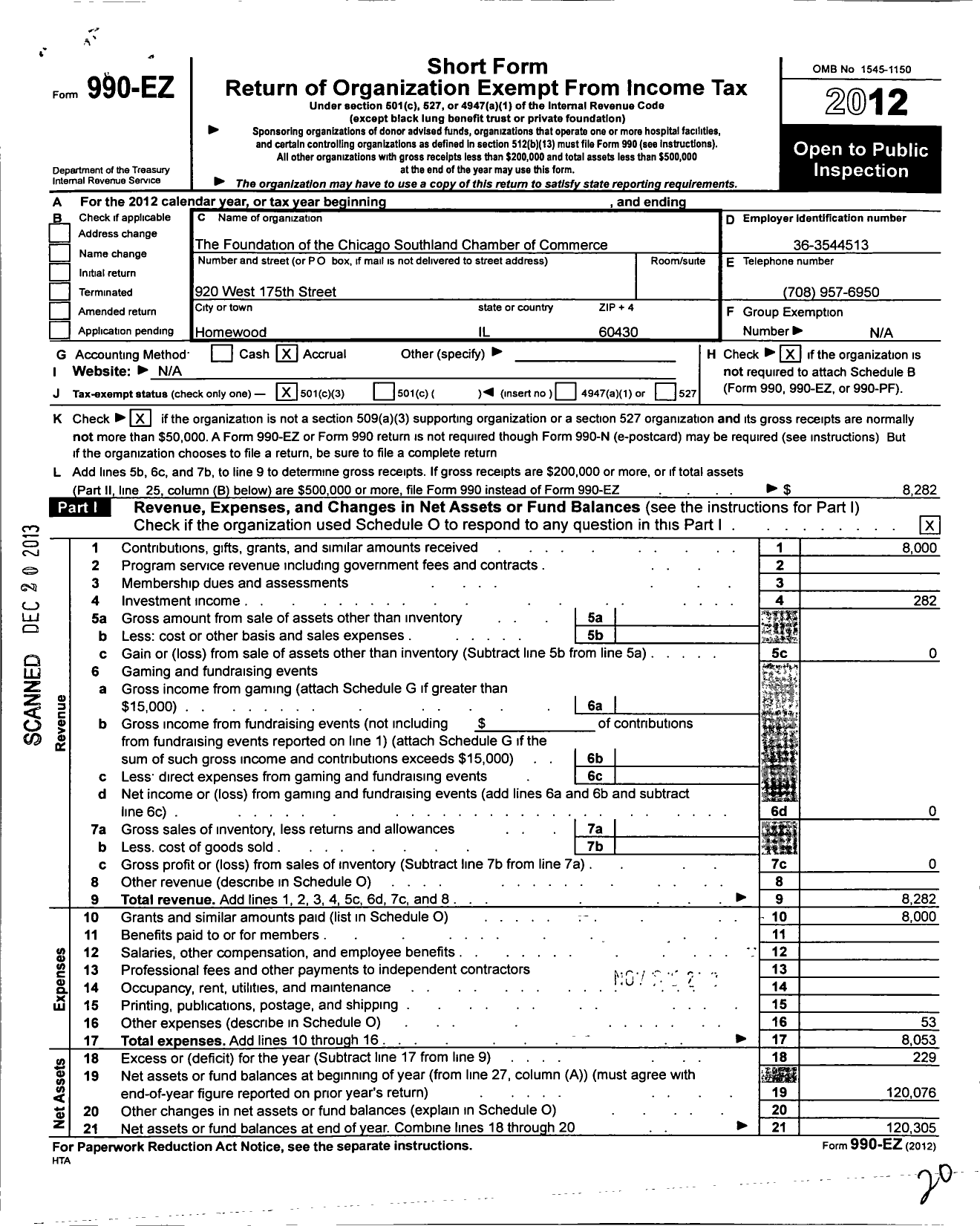 Image of first page of 2012 Form 990EZ for The Foundation of the Chicago Southland Chamber of Commerce