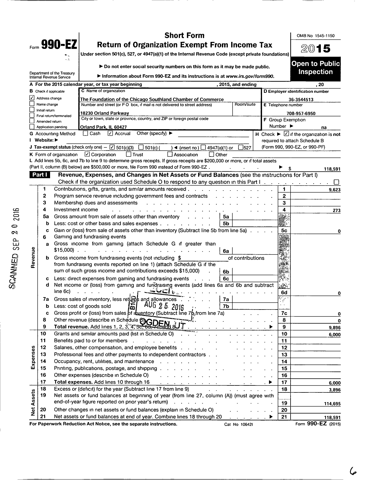 Image of first page of 2015 Form 990EZ for The Foundation of the Chicago Southland Chamber of Commerce