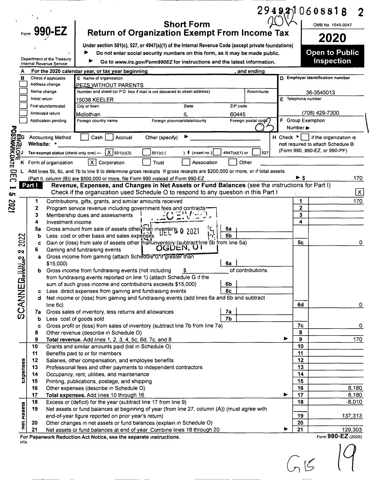 Image of first page of 2020 Form 990EZ for Pets Without Parents