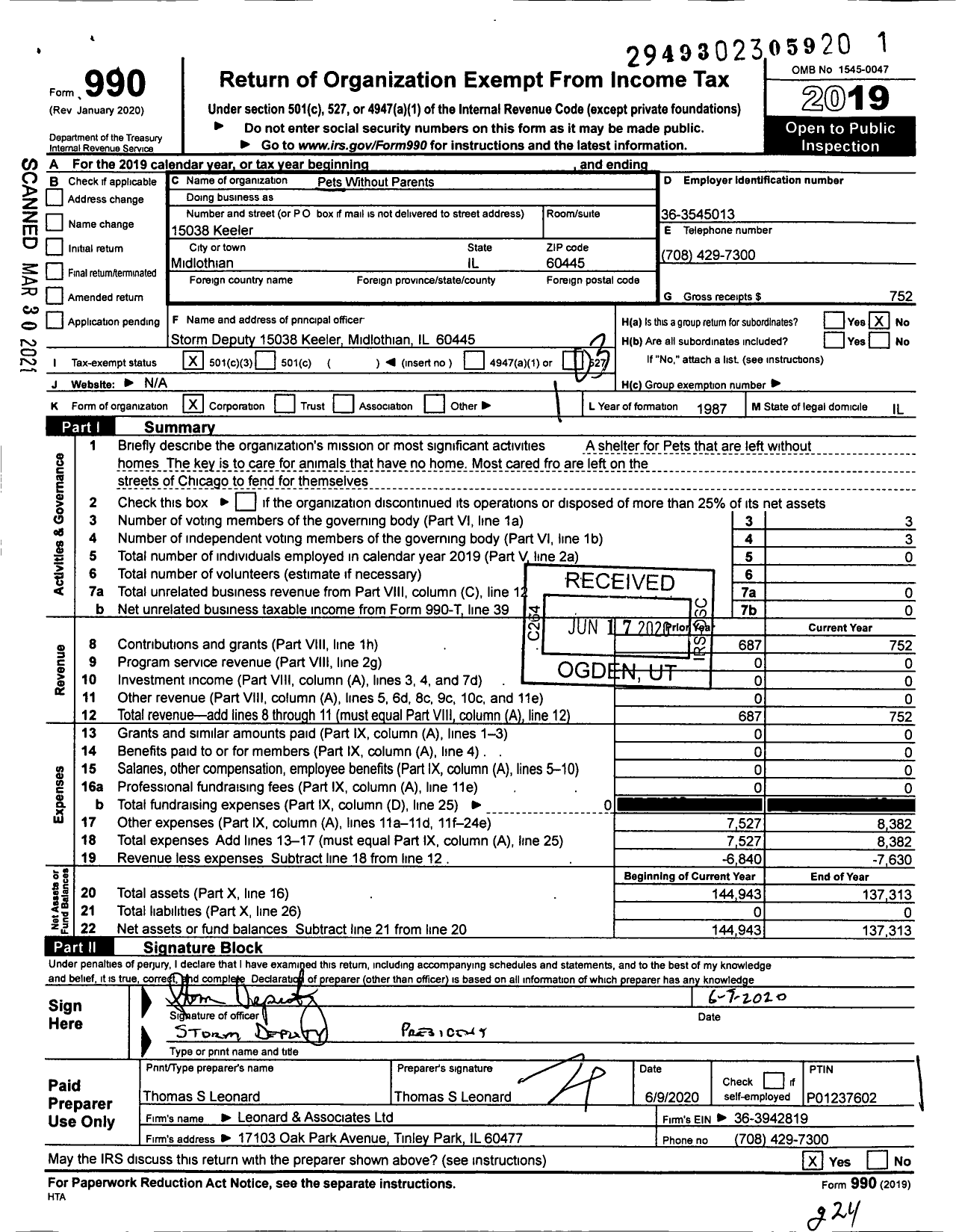 Image of first page of 2019 Form 990 for Pets Without Parents