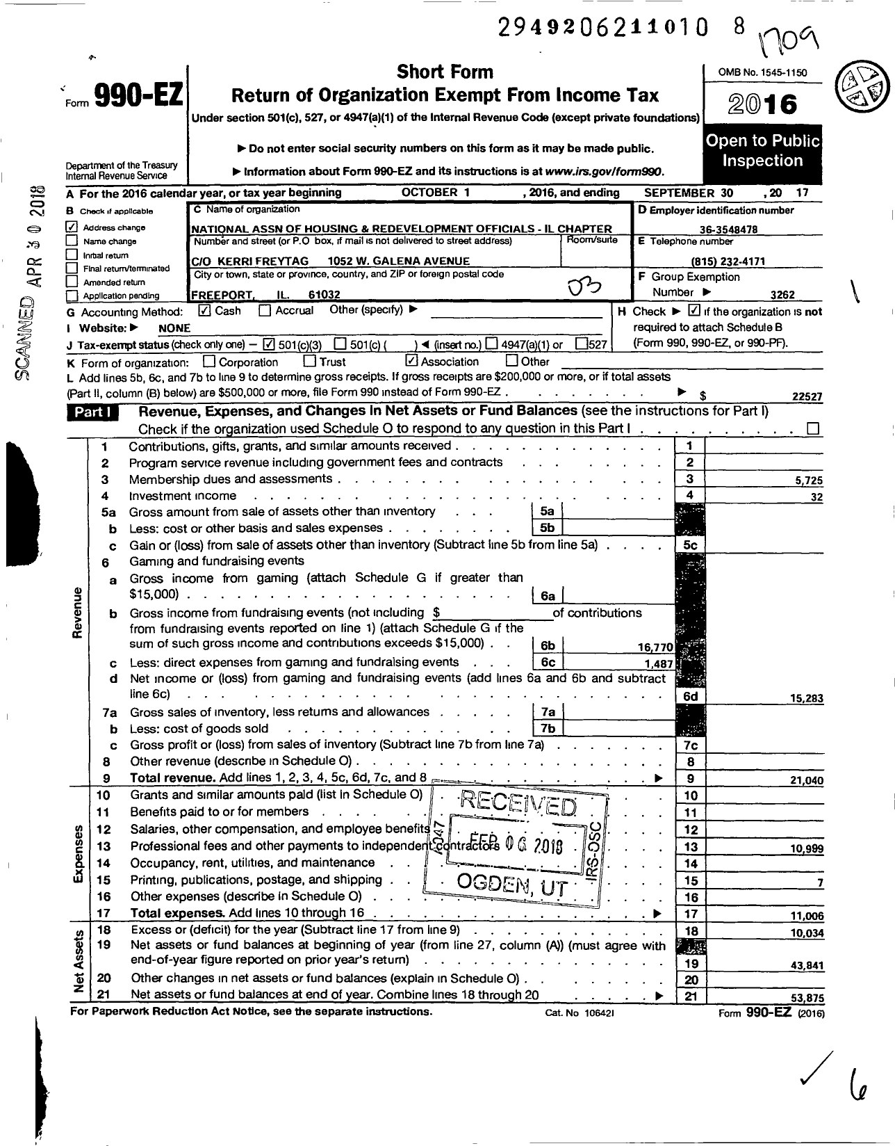 Image of first page of 2016 Form 990EZ for National Association of Housing and Redevelopment Officials / Illinois Nahro