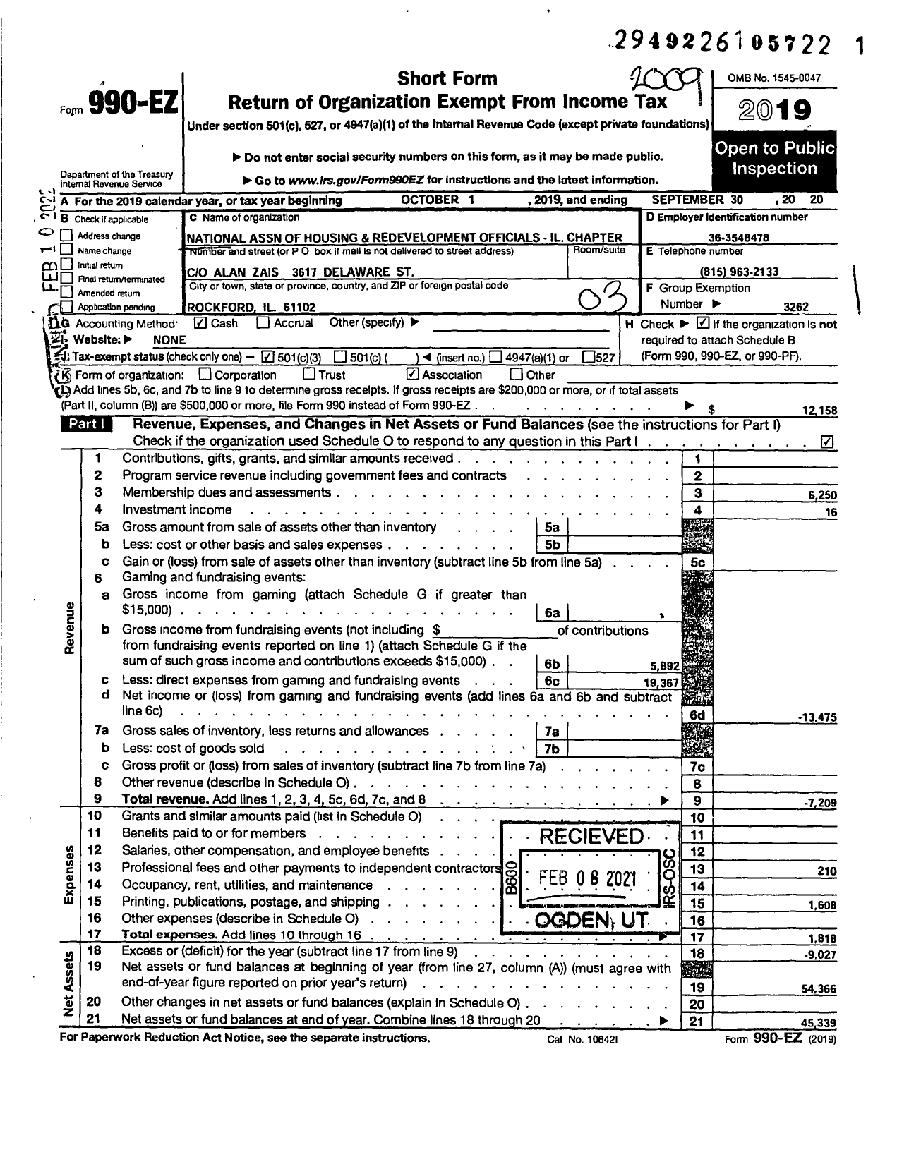 Image of first page of 2019 Form 990EZ for National Association of Housing and Redevelopment Officials / Illinois Nahro