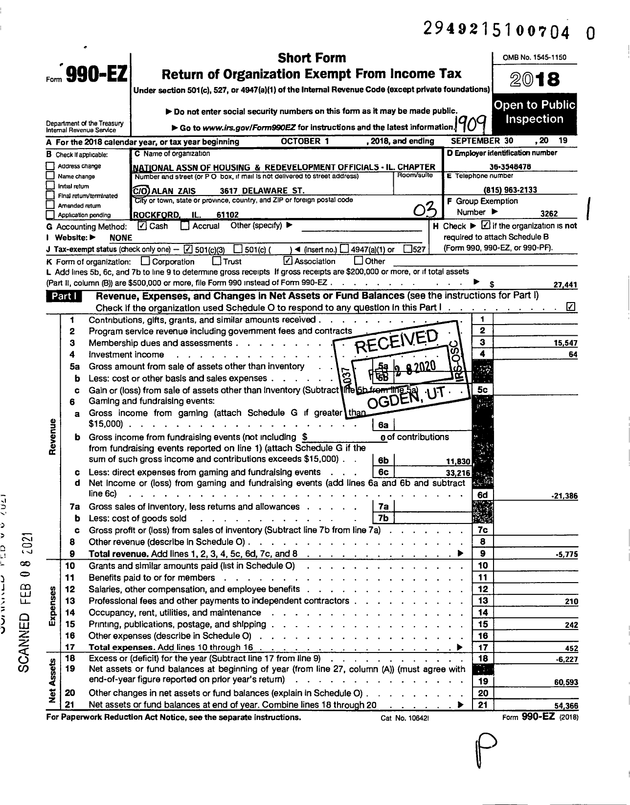 Image of first page of 2018 Form 990EZ for National Association of Housing and Redevelopment Officials / Illinois Nahro