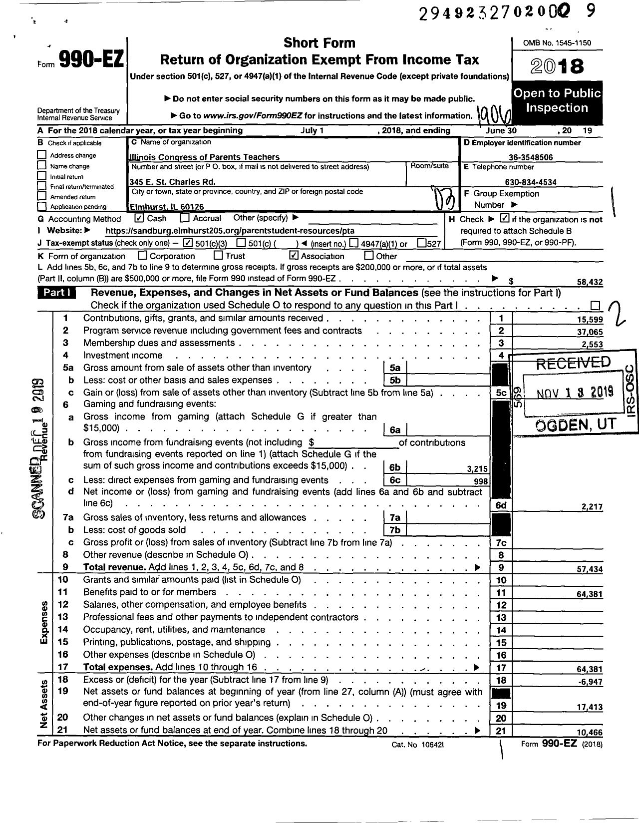 Image of first page of 2018 Form 990EZ for Illinois PTA - Sandburg Middle PTA