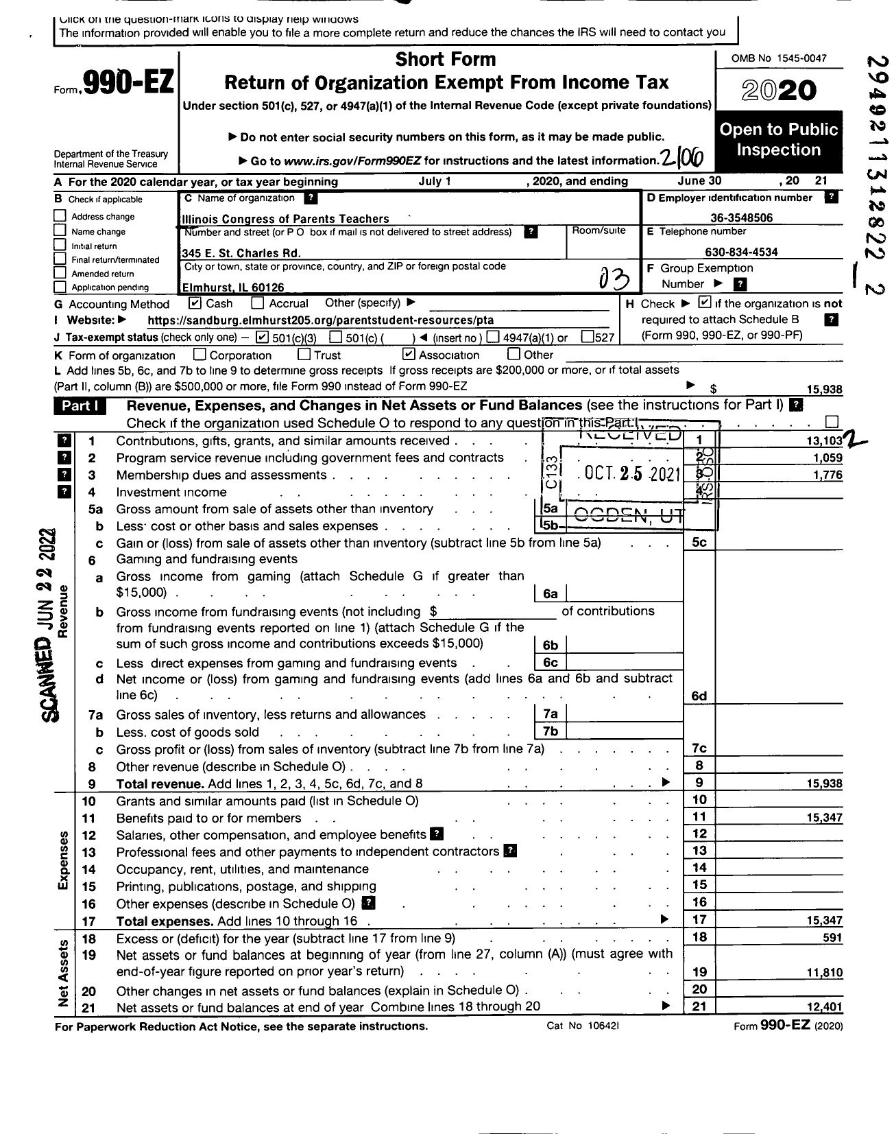 Image of first page of 2020 Form 990EZ for Illinois PTA - Sandburg Middle PTA