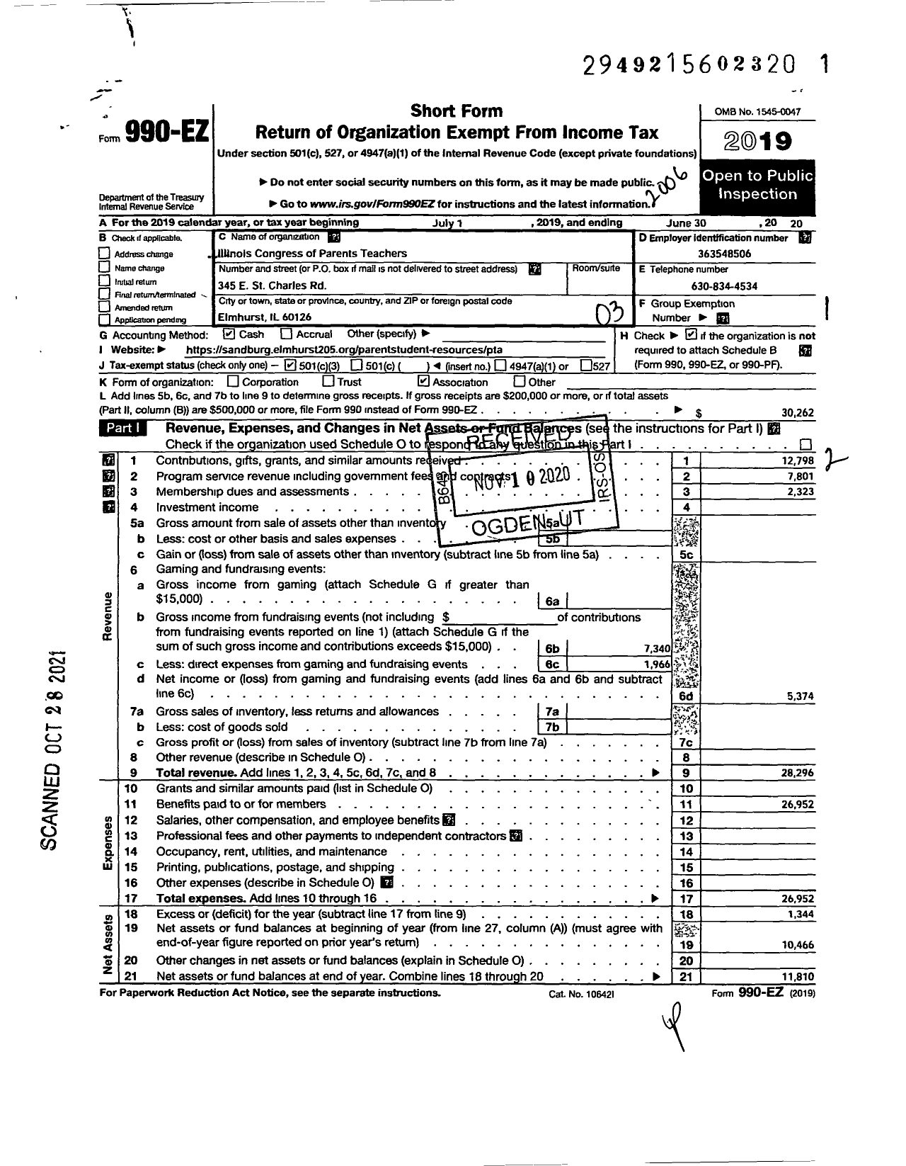 Image of first page of 2019 Form 990EZ for Illinois PTA - Sandburg Middle PTA