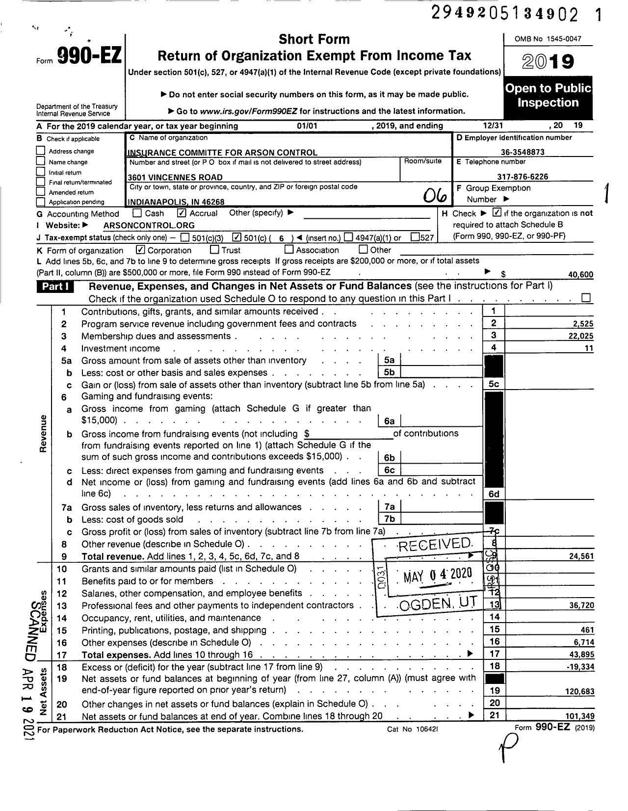 Image of first page of 2019 Form 990EO for Insurance Committee for Arson Control