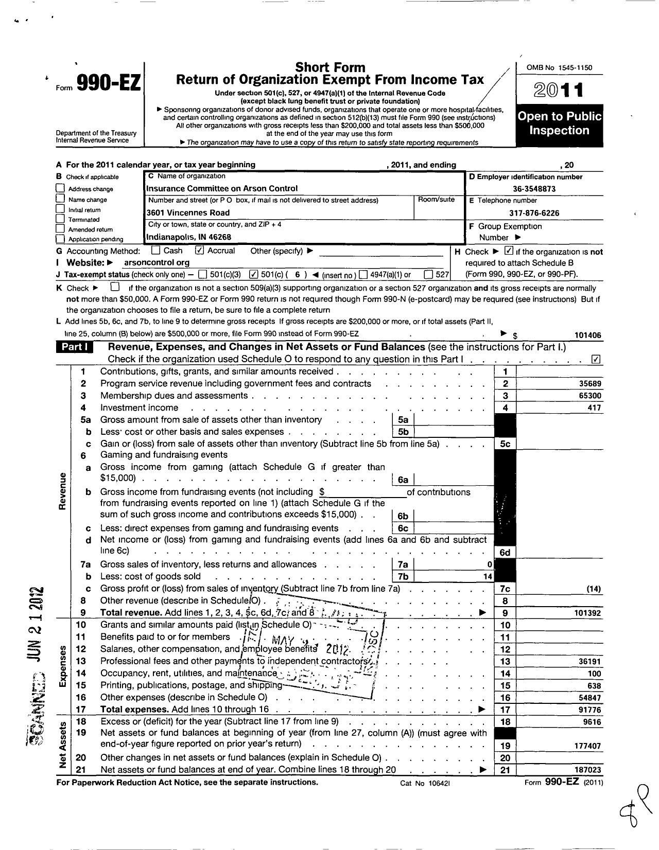 Image of first page of 2011 Form 990EO for Insurance Committee for Arson Control