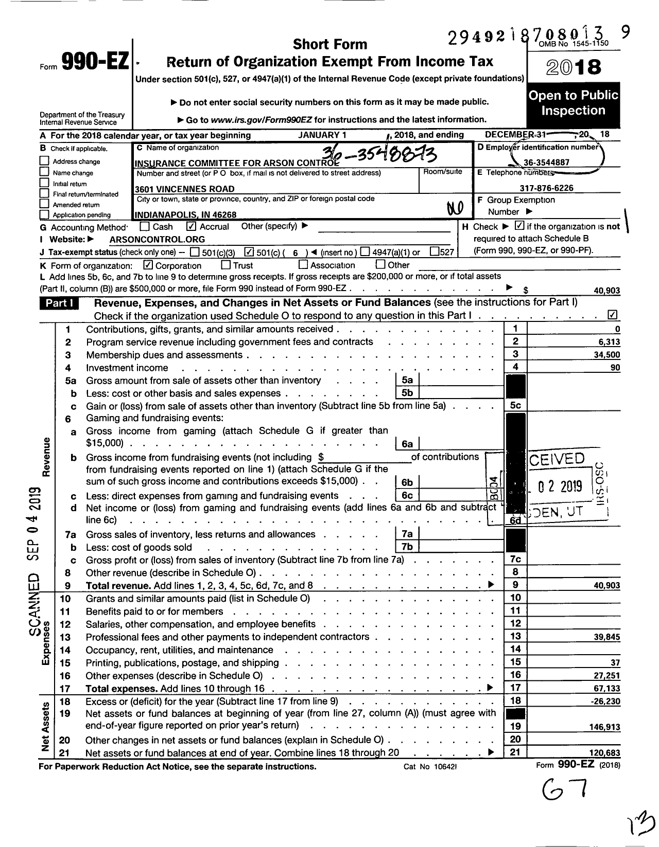 Image of first page of 2018 Form 990EO for Insurance Committee for Arson Control