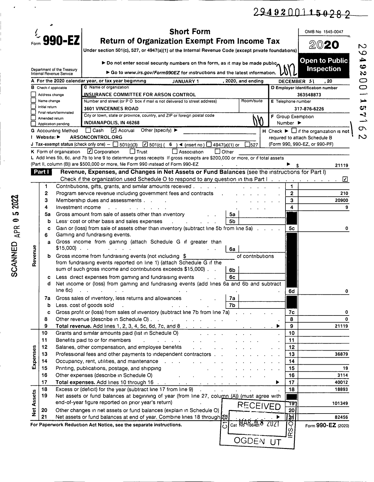 Image of first page of 2020 Form 990EO for Insurance Committee for Arson Control