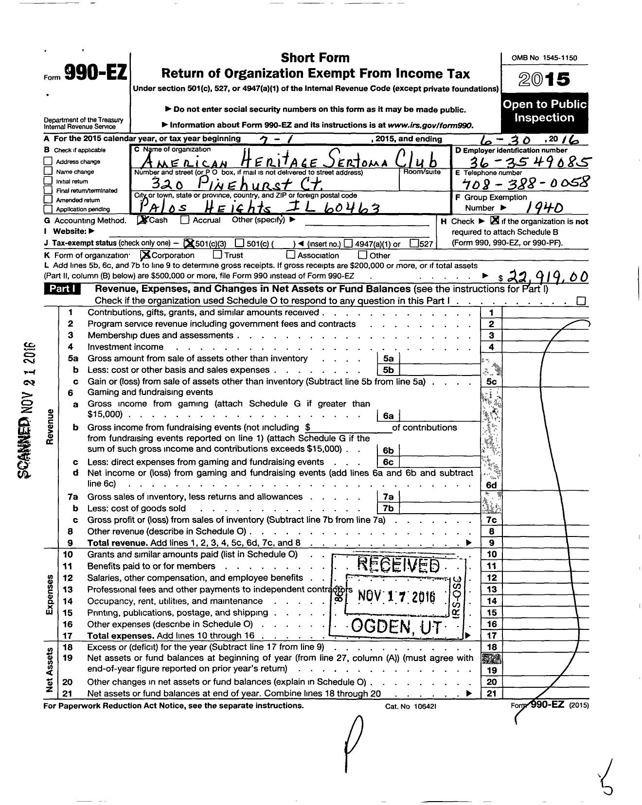 Image of first page of 2015 Form 990EZ for American Heritage Sertoma Club