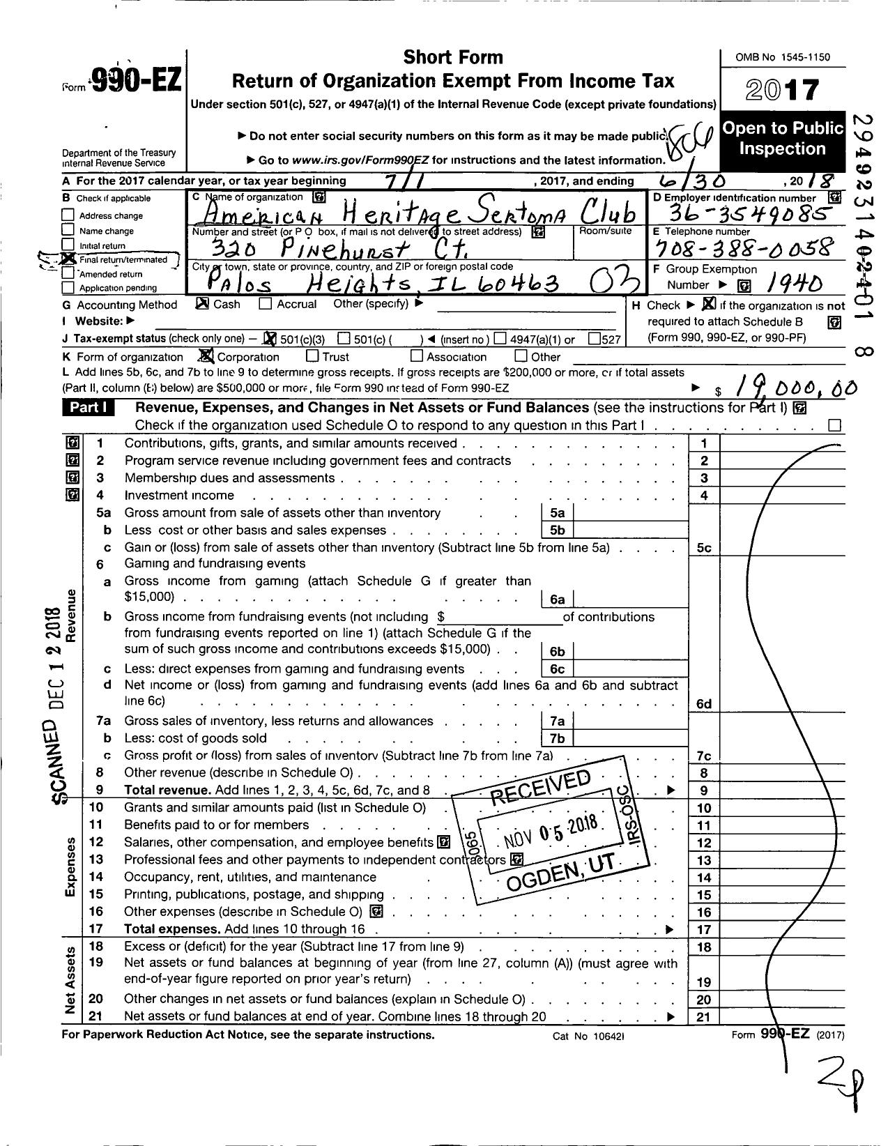 Image of first page of 2017 Form 990EZ for American Heritage Sertoma Club