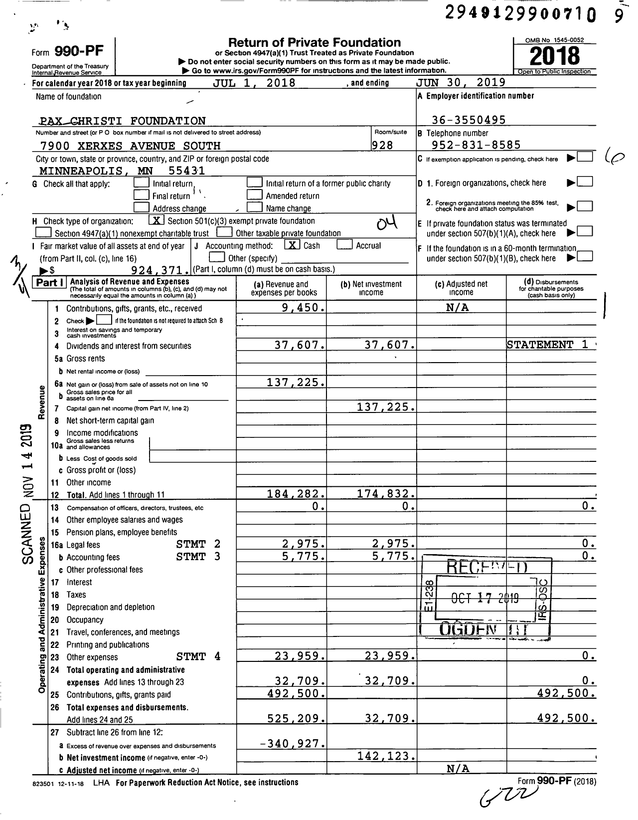 Image of first page of 2018 Form 990PF for Pax Christi Foundation