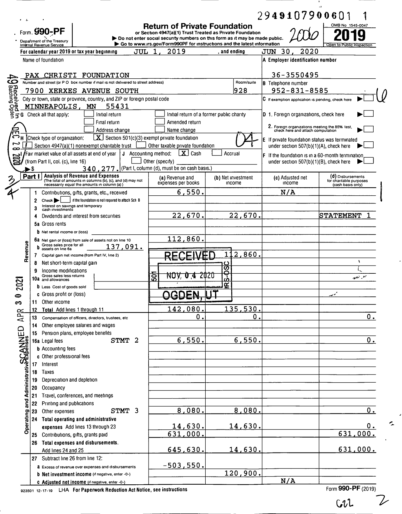 Image of first page of 2019 Form 990PF for Pax Christi Foundation