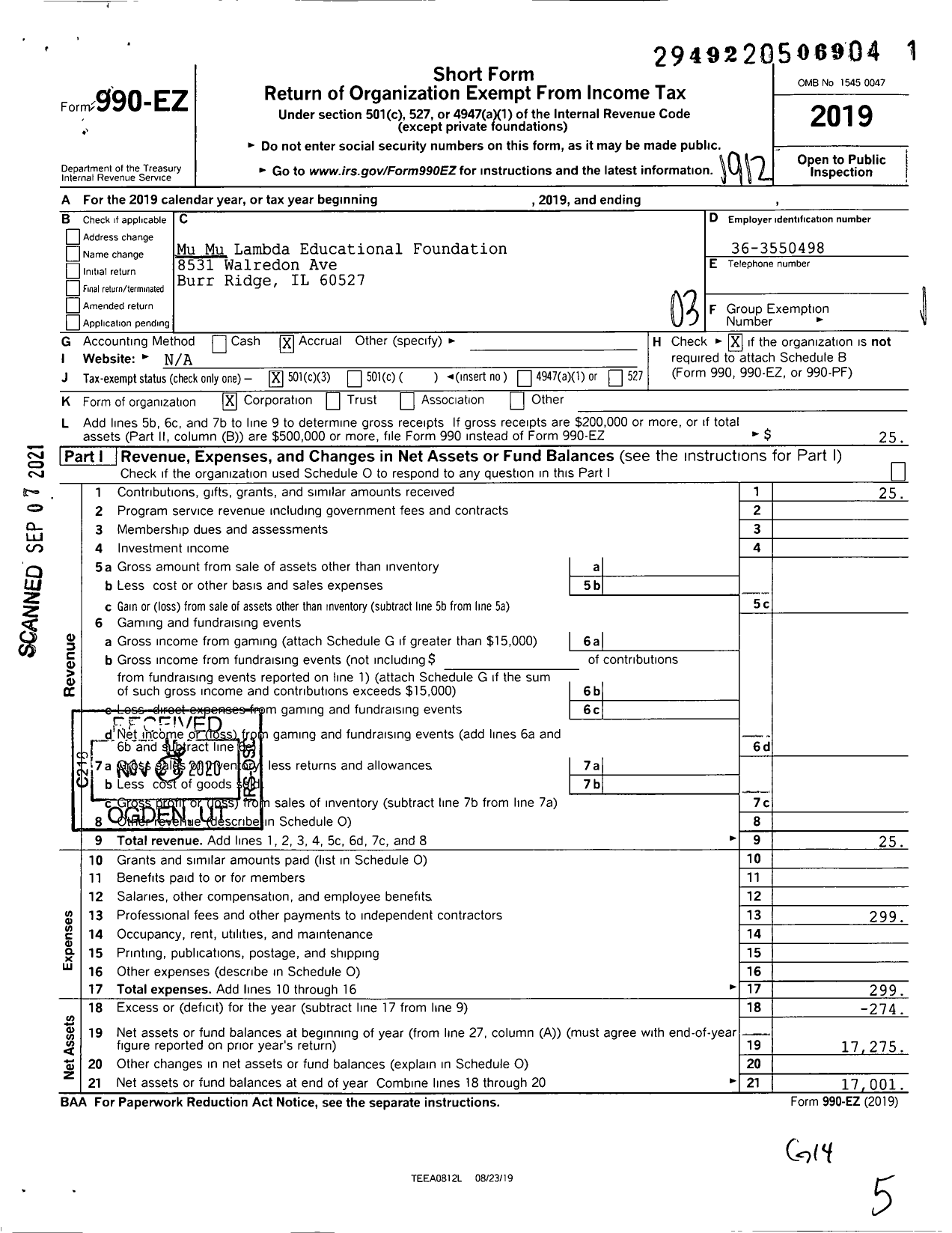 Image of first page of 2019 Form 990EZ for Mu Mu Lambda Educational Foundation