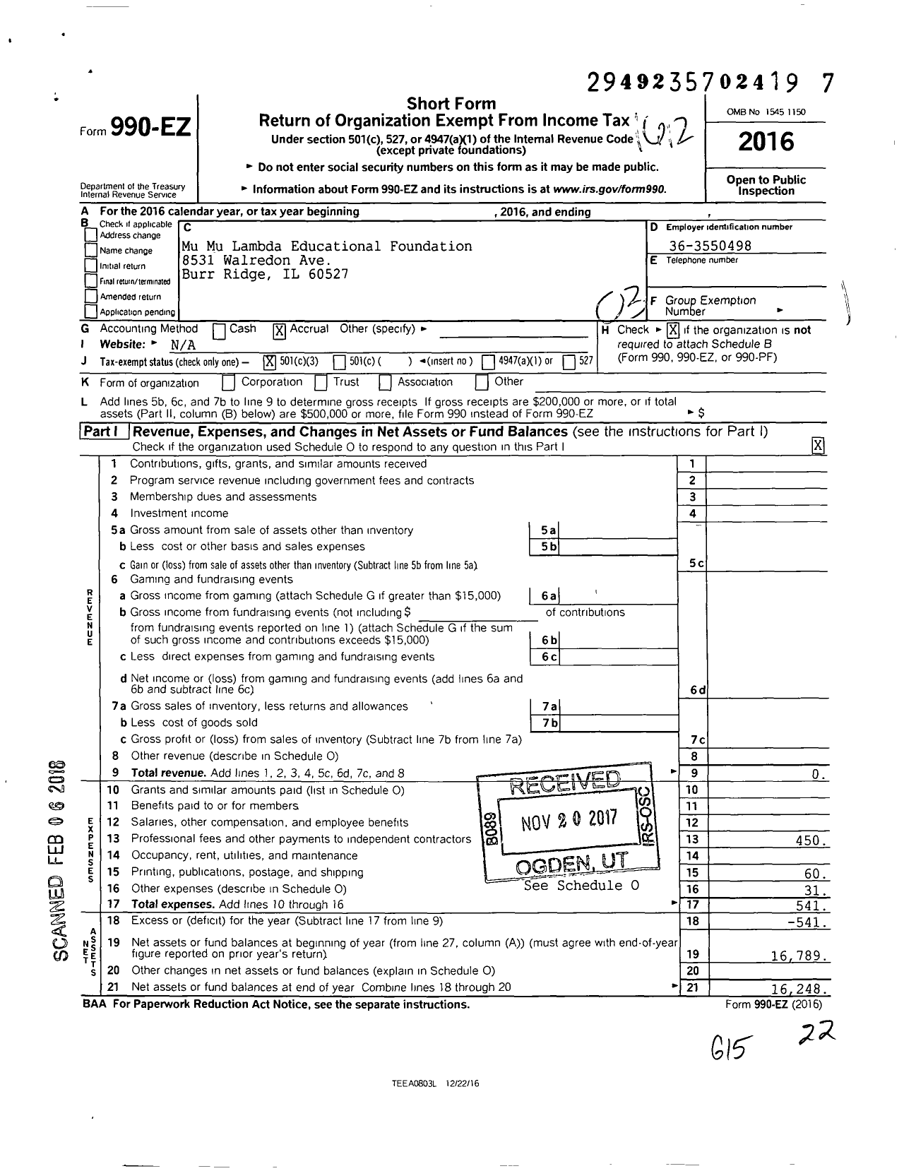 Image of first page of 2016 Form 990EZ for Mu Mu Lambda Educational Foundation