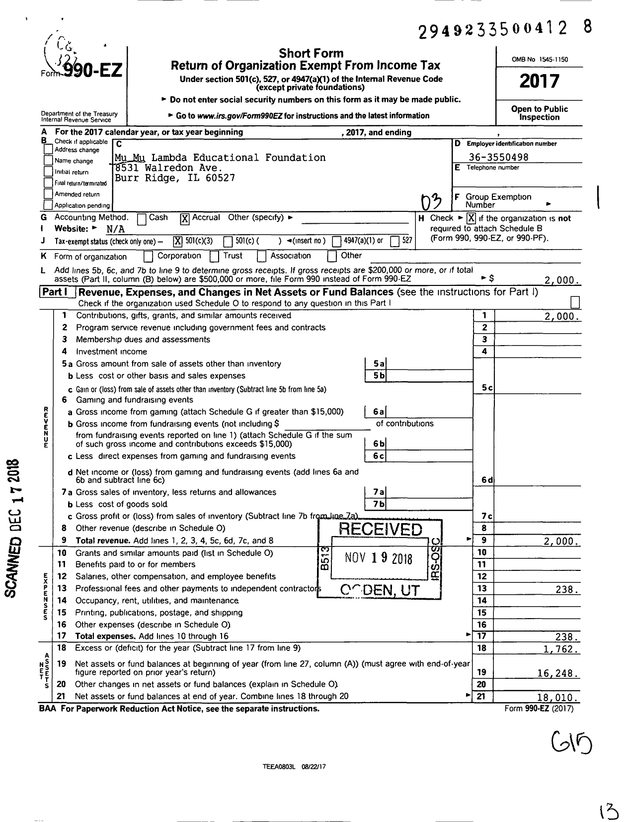 Image of first page of 2017 Form 990EZ for Mu Mu Lambda Educational Foundation