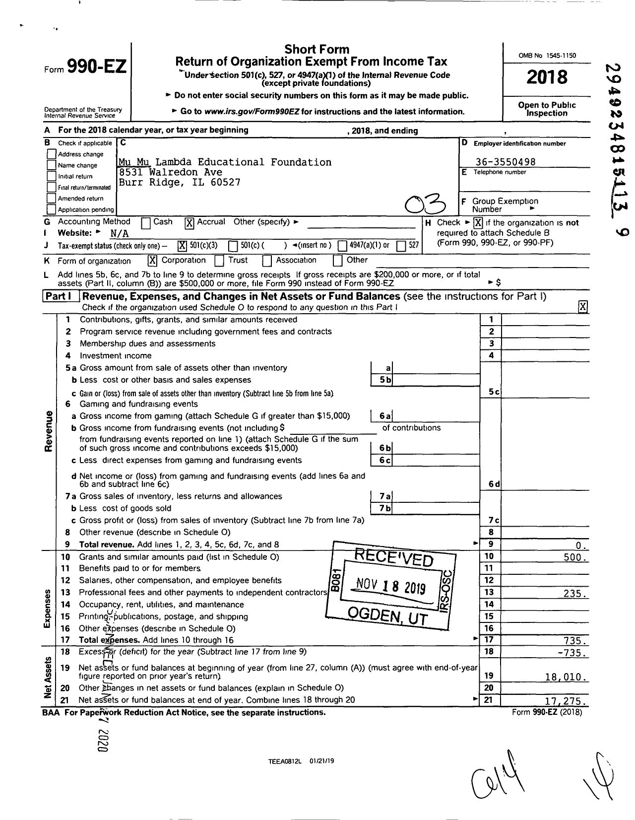 Image of first page of 2018 Form 990EZ for Mu Mu Lambda Educational Foundation