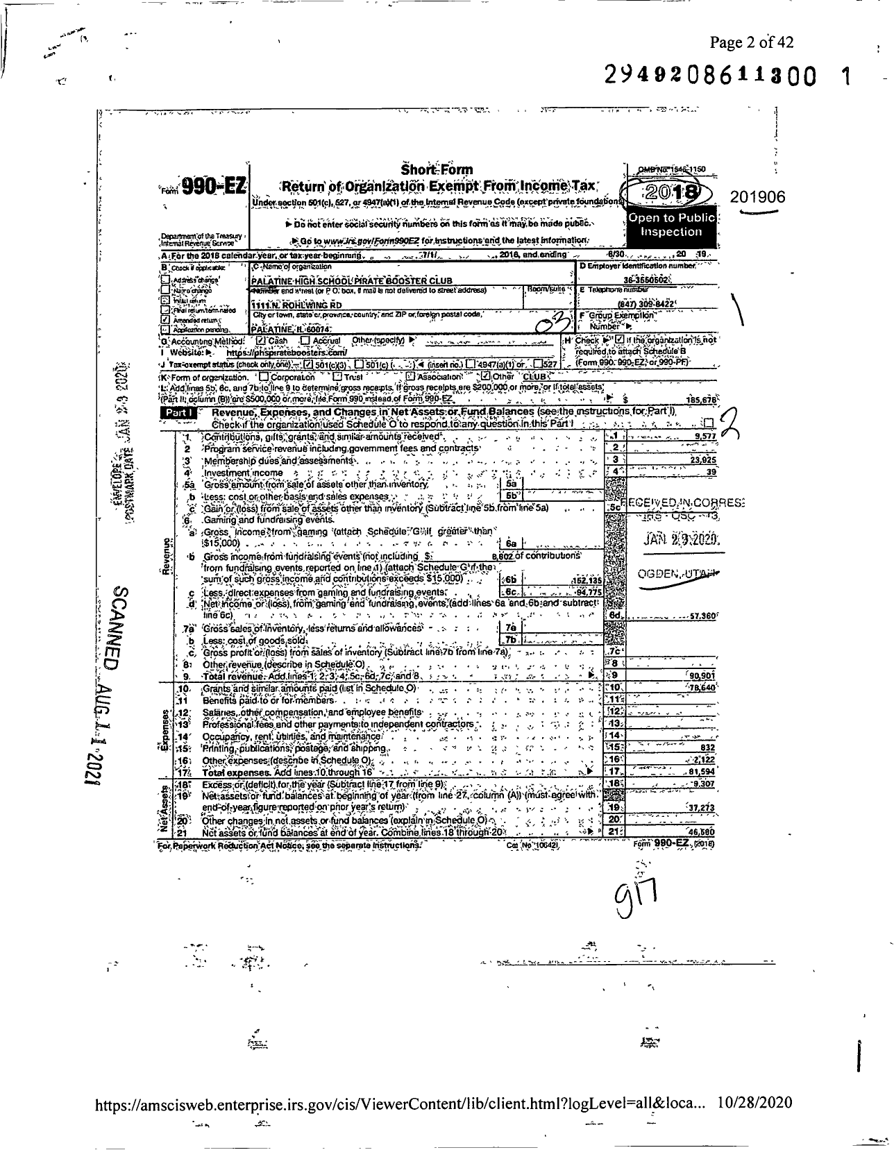 Image of first page of 2018 Form 990EZ for Palatine High School Pirate Booster