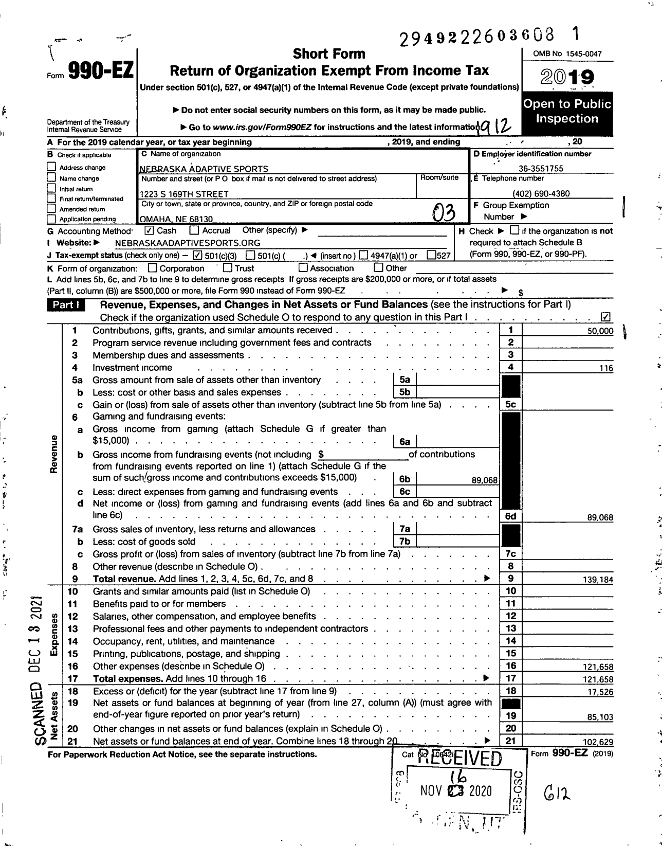 Image of first page of 2019 Form 990EZ for Nebraska Adaptive Sports