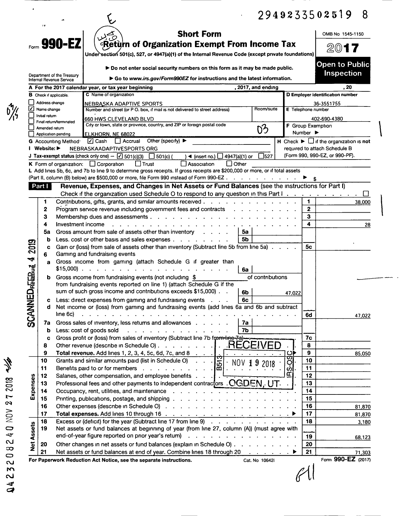 Image of first page of 2017 Form 990EZ for Nebraska Adaptive Sports