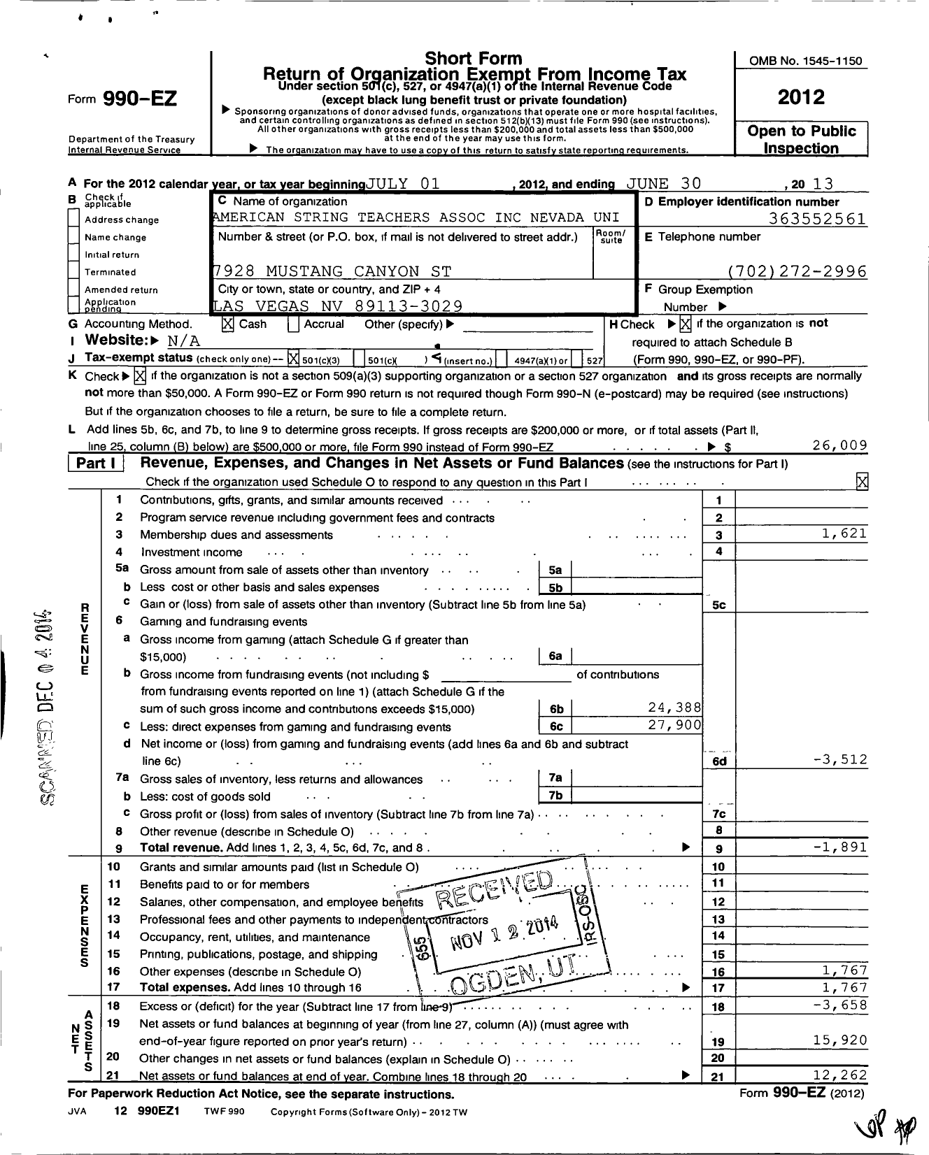 Image of first page of 2012 Form 990EZ for American String Teachers Association Incorporated / Nevada Unit