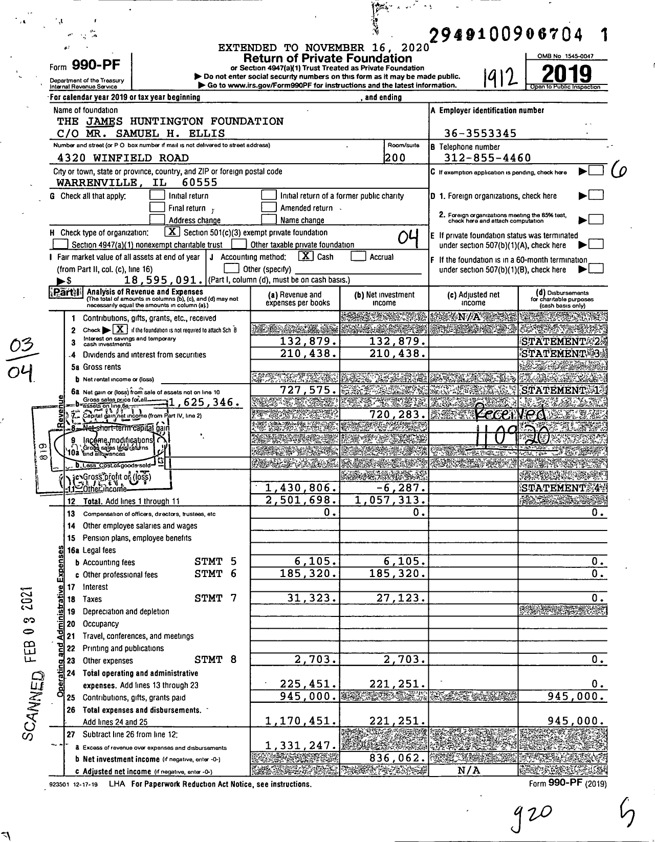 Image of first page of 2019 Form 990PF for James Huntington Foundation