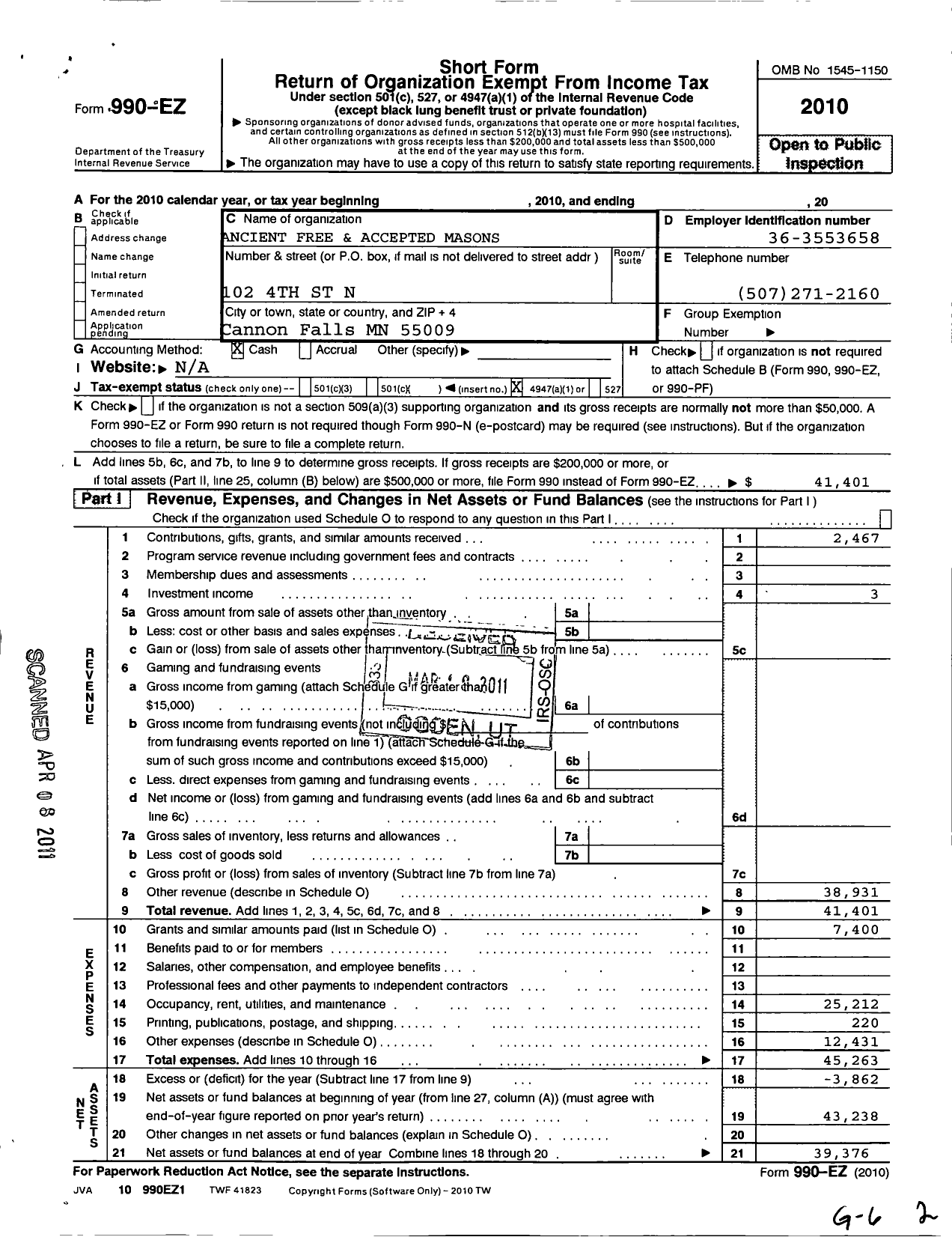 Image of first page of 2010 Form 990EO for Ancient Free and Accepted Masons of Minnesota - 0034 Oriental Lodge