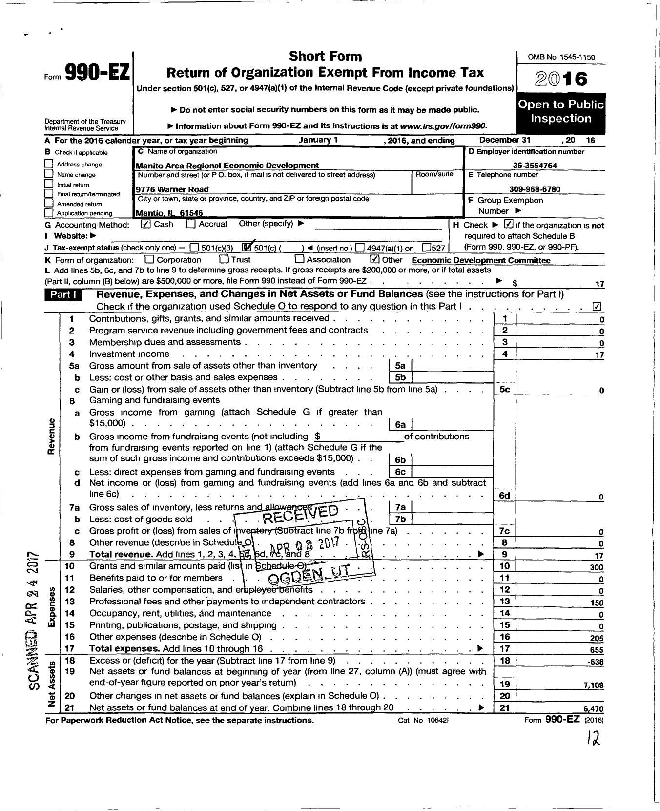 Image of first page of 2016 Form 990EO for Manito Area Regional Economic Development