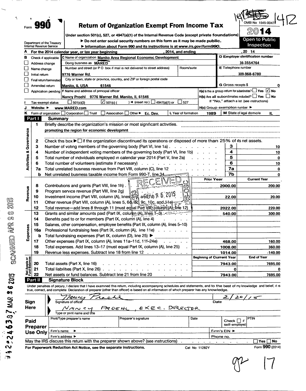 Image of first page of 2014 Form 990O for Manito Area Regional Economic Development