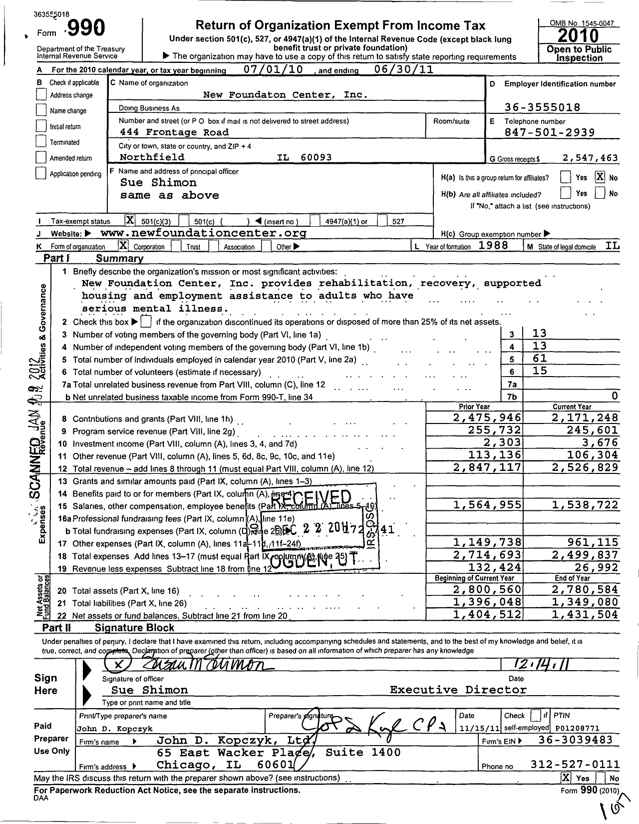 Image of first page of 2010 Form 990 for New Foundation Center