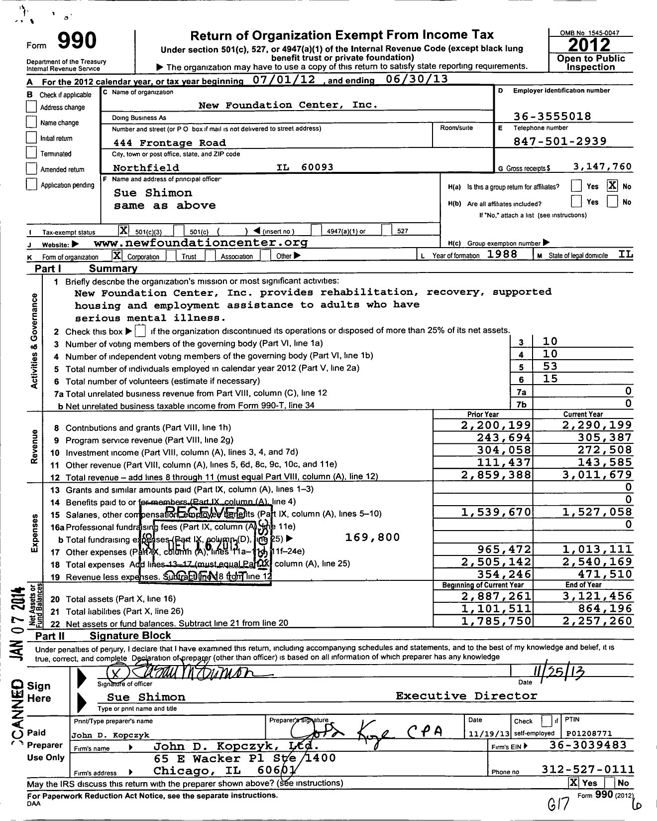 Image of first page of 2012 Form 990 for New Foundation Center