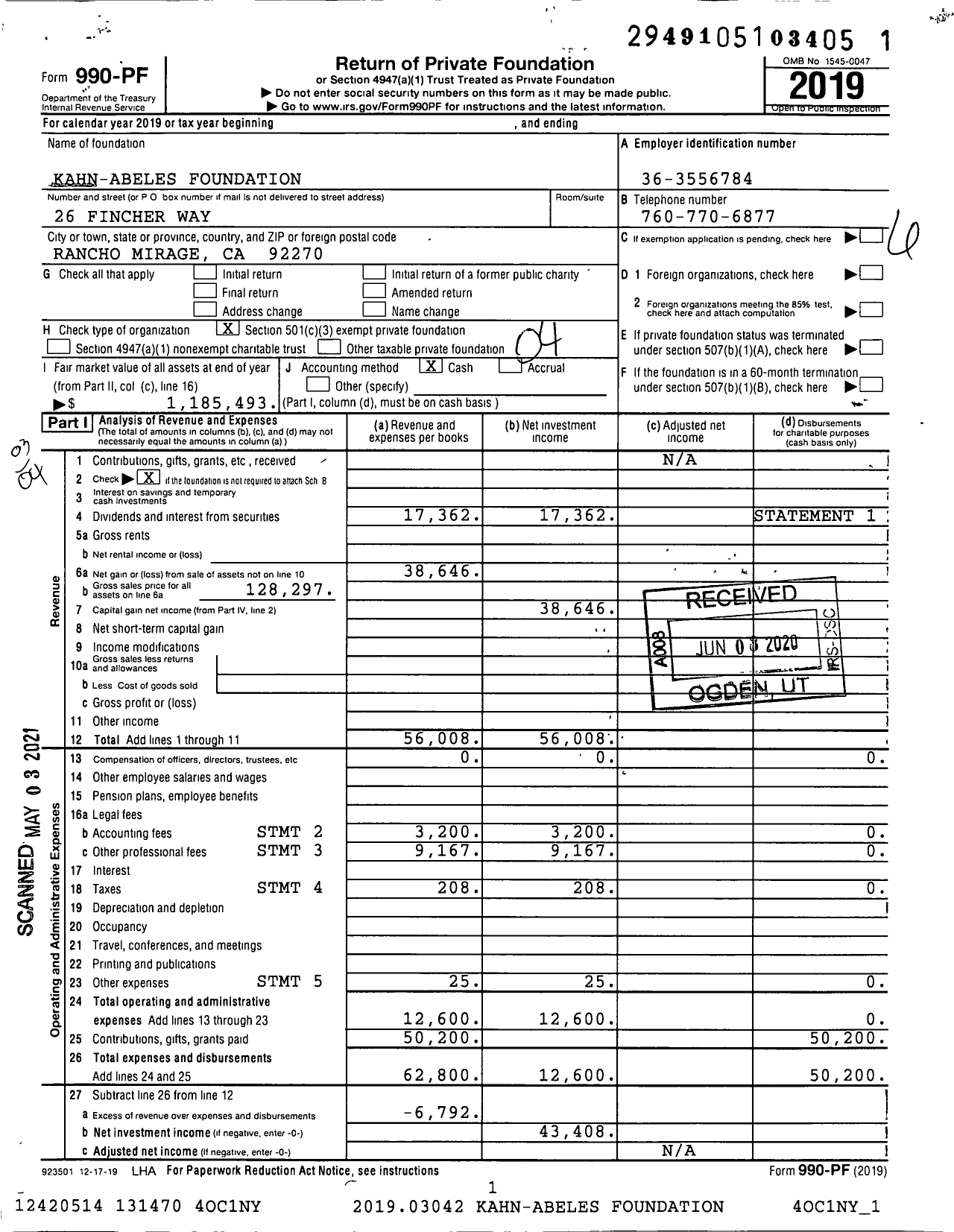 Image of first page of 2019 Form 990PF for Kahn-Abeles Foundation