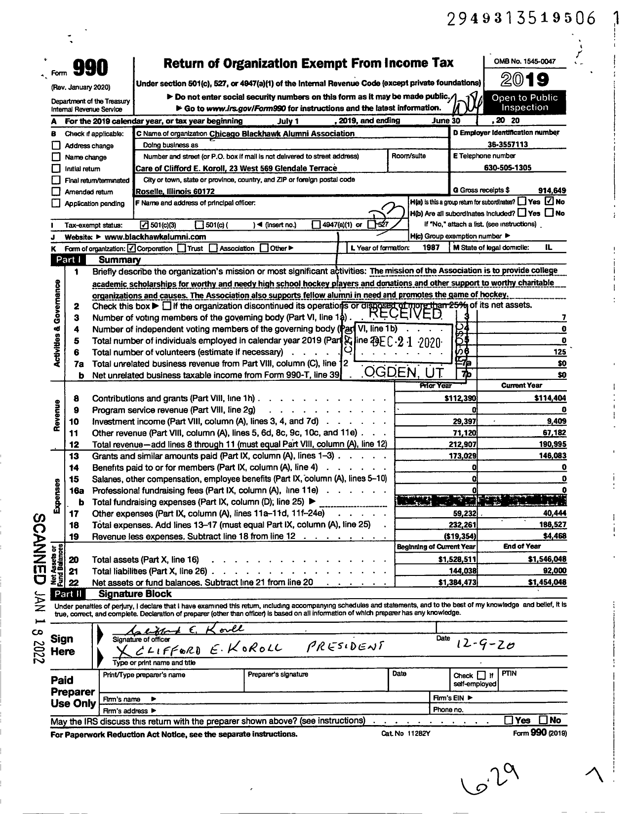 Image of first page of 2019 Form 990 for Chicago Blackhawk Alumni Association