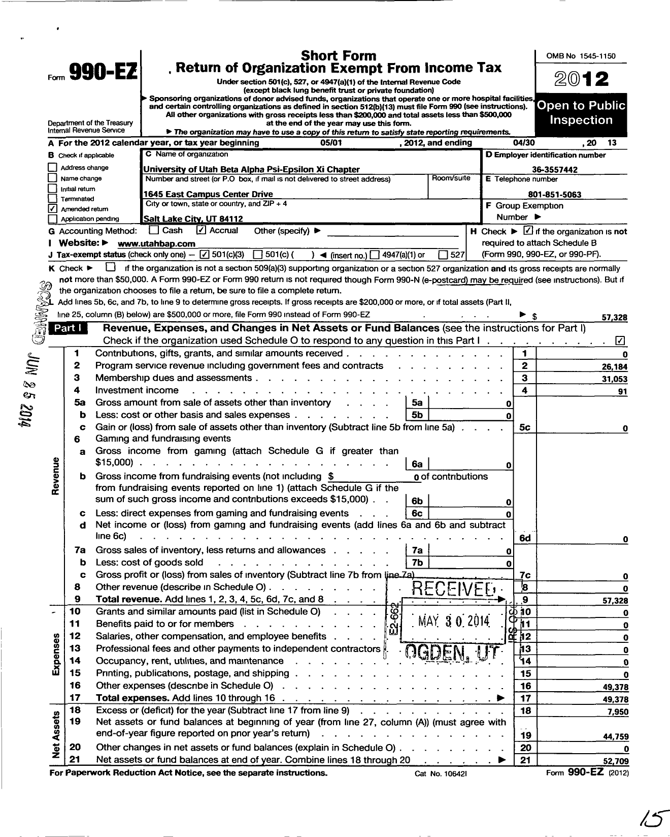 Image of first page of 2012 Form 990EZ for Beta Alpha Psi National Council - 129 Epsilon Xi Chapt Univ of Utah