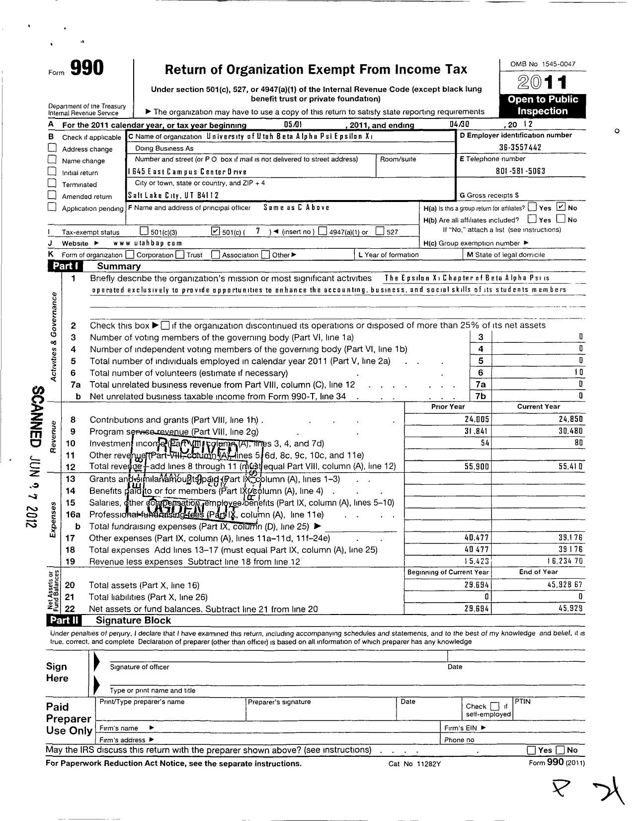 Image of first page of 2011 Form 990O for Beta Alpha Psi National Council - 129 Epsilon Xi Chapt Univ of Utah