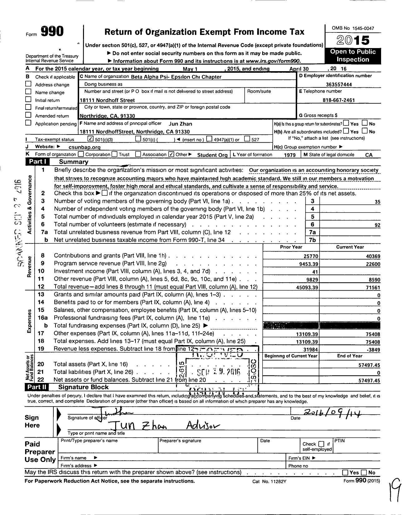 Image of first page of 2015 Form 990 for Beta Alpha Psi National Council - 137 Epsilon Chi Chapt Calif State U